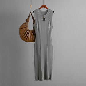 Summer round neck sleeveless ice silk knitted dress slim temperament solid color bottoming skirt medium and long - Negative Apparel