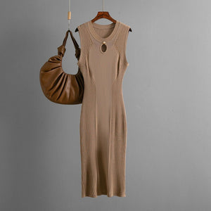 Summer round neck sleeveless ice silk knitted dress slim temperament solid color bottoming skirt medium and long - Negative Apparel