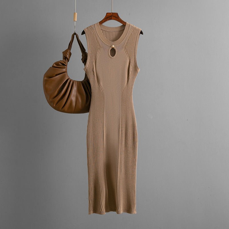 Summer round neck sleeveless ice silk knitted dress slim temperament solid color bottoming skirt medium and long - Negative Apparel