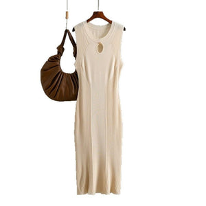 Summer round neck sleeveless ice silk knitted dress slim temperament solid color bottoming skirt medium and long - Negative Apparel