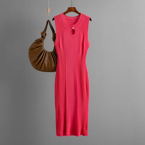 Summer round neck sleeveless ice silk knitted dress slim temperament solid color bottoming skirt medium and long - Negative Apparel