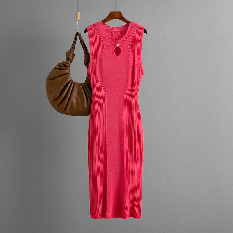 Summer round neck sleeveless ice silk knitted dress slim temperament solid color bottoming skirt medium and long - Negative Apparel