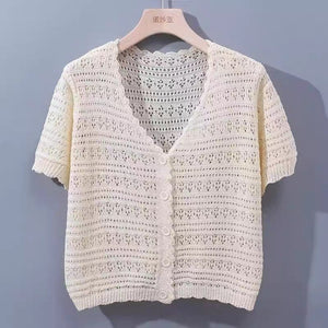 Summer short - sleeved hollow T-shirt new thin knitted ice silk small cardigan women's shawl with suspender top - Negative Apparel