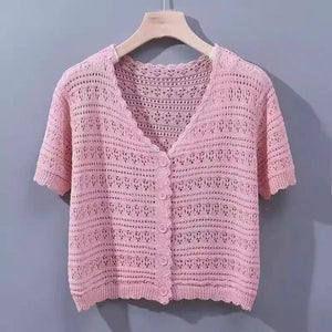 Summer short - sleeved hollow T-shirt new thin knitted ice silk small cardigan women's shawl with suspender top - Negative Apparel
