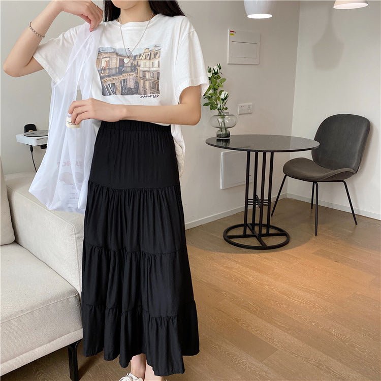 Summer splicing cotton and linen skirt literary fresh long skirt high waist all - match A - line big swing skirt casual skirt - Negative Apparel