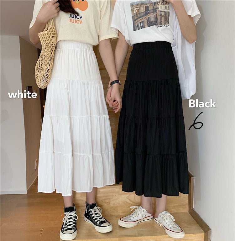 Summer splicing cotton and linen skirt literary fresh long skirt high waist all - match A - line big swing skirt casual skirt - Negative Apparel