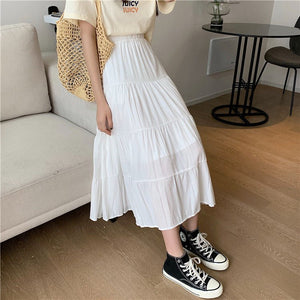Summer splicing cotton and linen skirt literary fresh long skirt high waist all - match A - line big swing skirt casual skirt - Negative Apparel