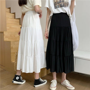 Summer splicing cotton and linen skirt literary fresh long skirt high waist all - match A - line big swing skirt casual skirt - Negative Apparel
