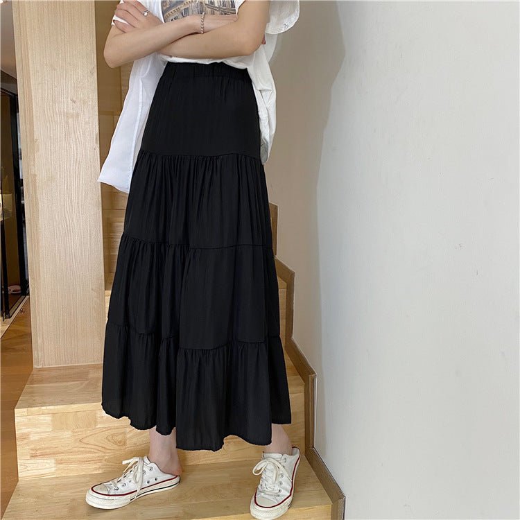 Summer splicing cotton and linen skirt literary fresh long skirt high waist all - match A - line big swing skirt casual skirt - Negative Apparel