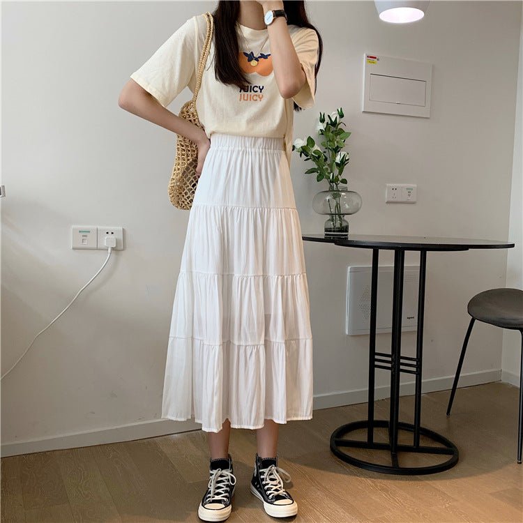 Summer splicing cotton and linen skirt literary fresh long skirt high waist all - match A - line big swing skirt casual skirt - Negative Apparel
