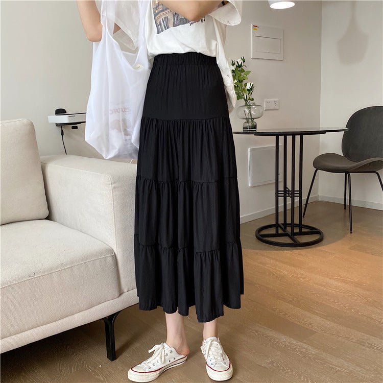 Summer splicing cotton and linen skirt literary fresh long skirt high waist all - match A - line big swing skirt casual skirt - Negative Apparel