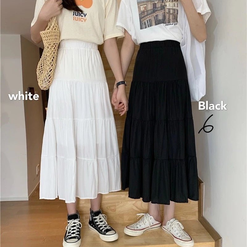 Summer splicing cotton and linen skirt literary fresh long skirt high waist all - match A - line big swing skirt casual skirt - Negative Apparel