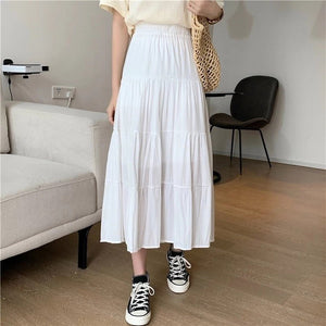 Summer splicing cotton and linen skirt literary fresh long skirt high waist all - match A - line big swing skirt casual skirt - Negative Apparel