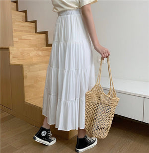 Summer splicing cotton and linen skirt literary fresh long skirt high waist all - match A - line big swing skirt casual skirt - Negative Apparel