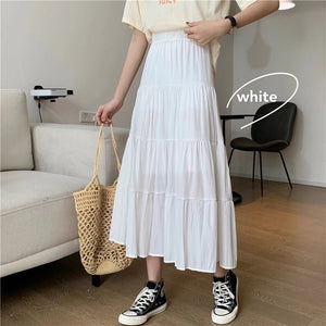 Summer splicing cotton and linen skirt literary fresh long skirt high waist all - match A - line big swing skirt casual skirt - Negative Apparel