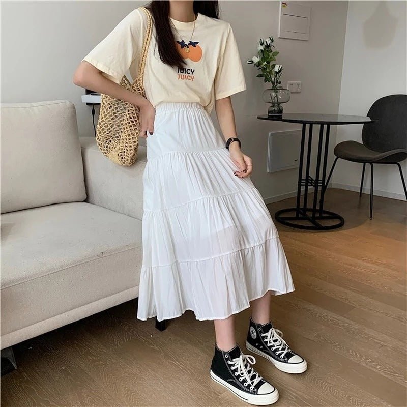 Summer splicing cotton and linen skirt literary fresh long skirt high waist all - match A - line big swing skirt casual skirt - Negative Apparel