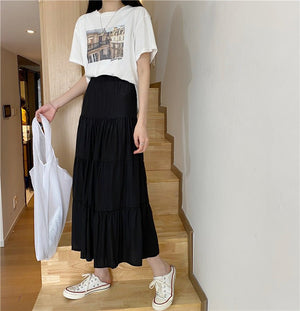 Summer splicing cotton and linen skirt literary fresh long skirt high waist all - match A - line big swing skirt casual skirt - Negative Apparel