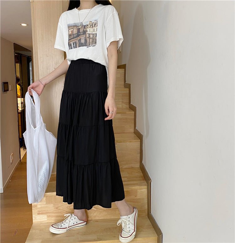 Summer splicing cotton and linen skirt literary fresh long skirt high waist all - match A - line big swing skirt casual skirt - Negative Apparel