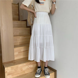 Summer splicing cotton and linen skirt literary fresh long skirt high waist all - match A - line big swing skirt casual skirt - Negative Apparel