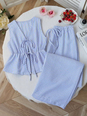 Summer Stripe Set | V - Neck Crop Top + Lace - Up Wide Pants - Negative Apparel