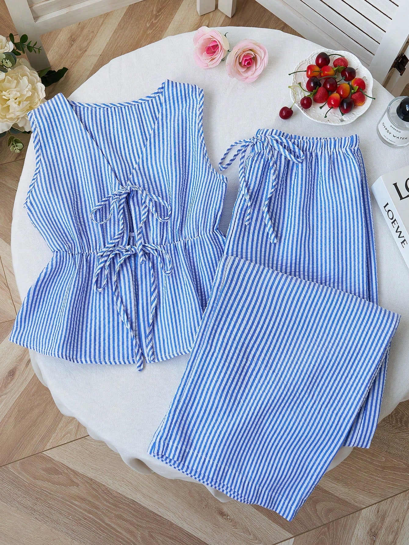 Summer Stripe Set | V - Neck Crop Top + Lace - Up Wide Pants - Negative Apparel