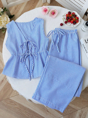 Summer Stripe Set | V - Neck Crop Top + Lace - Up Wide Pants - Negative Apparel