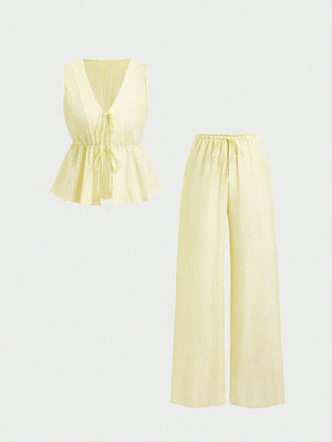 Summer Stripe Set | V - Neck Crop Top + Lace - Up Wide Pants - Negative Apparel