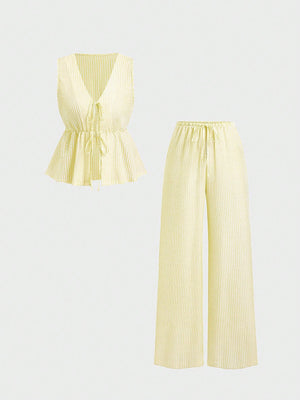 Summer Stripe Set | V - Neck Crop Top + Lace - Up Wide Pants - Negative Apparel