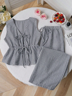 Summer Stripe Set | V - Neck Crop Top + Lace - Up Wide Pants - Negative Apparel