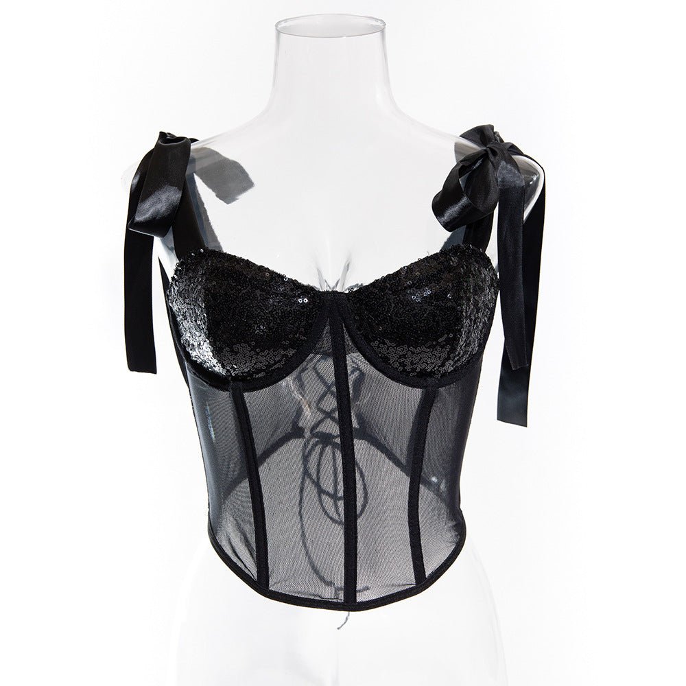 Summer tethered cami sequined backless steel ring gathered body - con sexy top - Negative Apparel