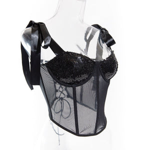 Summer tethered cami sequined backless steel ring gathered body - con sexy top - Negative Apparel