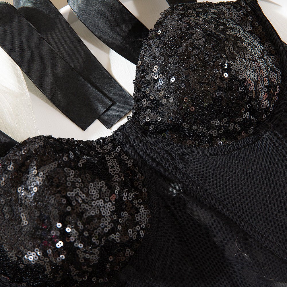 Summer tethered cami sequined backless steel ring gathered body - con sexy top - Negative Apparel