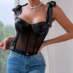 Summer tethered cami sequined backless steel ring gathered body - con sexy top - Negative Apparel