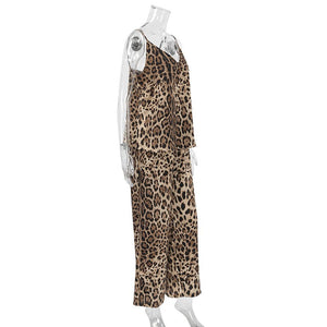 Summer thin loose pajamas leopard print two - piece suit satin silk - Negative Apparel