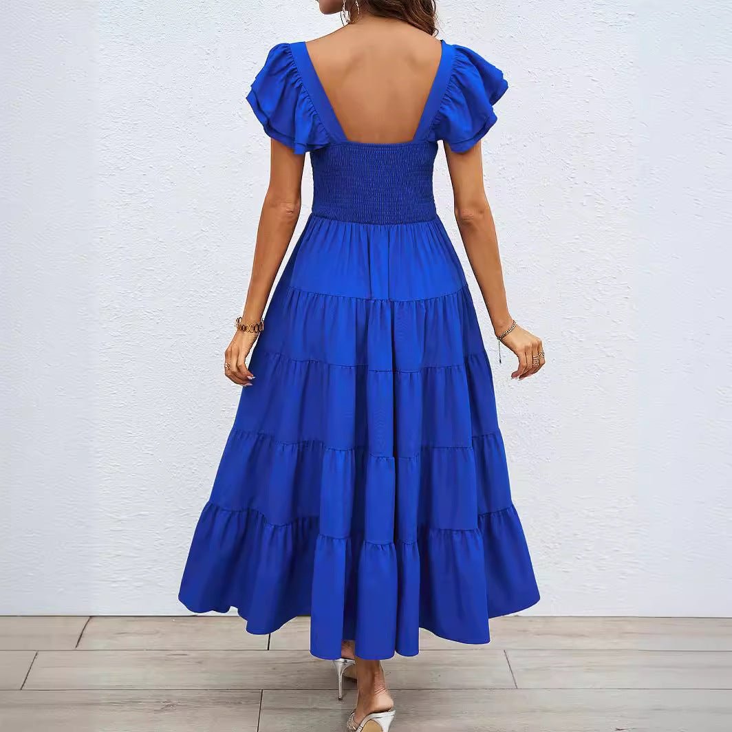 Summer women's casual square neck printed pleated lotus leaf sleeve dress elegant Bohemian - Negative Apparel