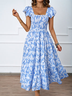 Summer women's casual square neck printed pleated lotus leaf sleeve dress elegant Bohemian - Negative Apparel