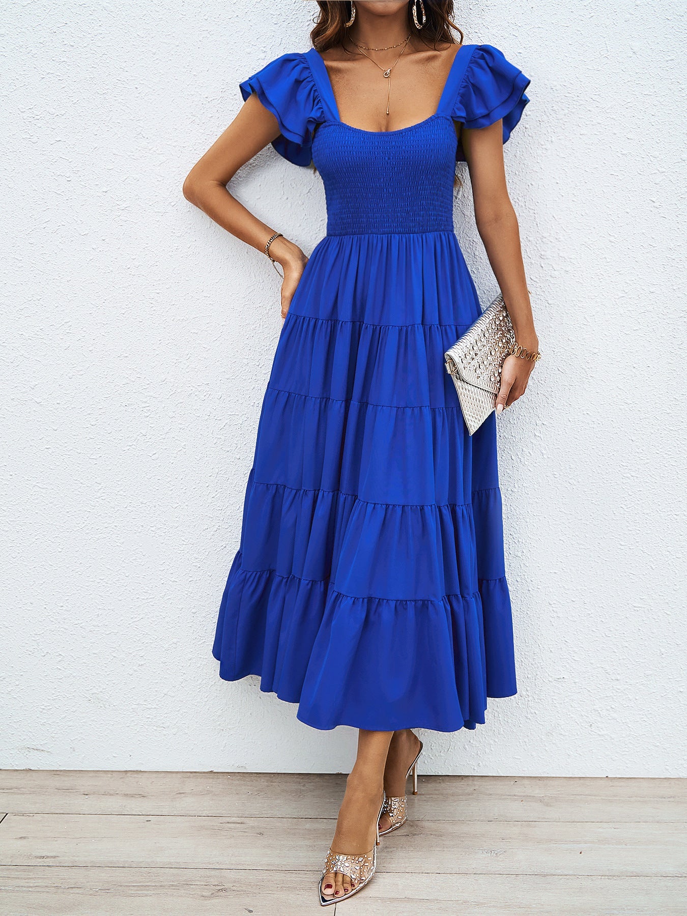 Summer women's casual square neck printed pleated lotus leaf sleeve dress elegant Bohemian - Negative Apparel