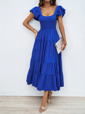 Summer women's casual square neck printed pleated lotus leaf sleeve dress elegant Bohemian - Negative Apparel