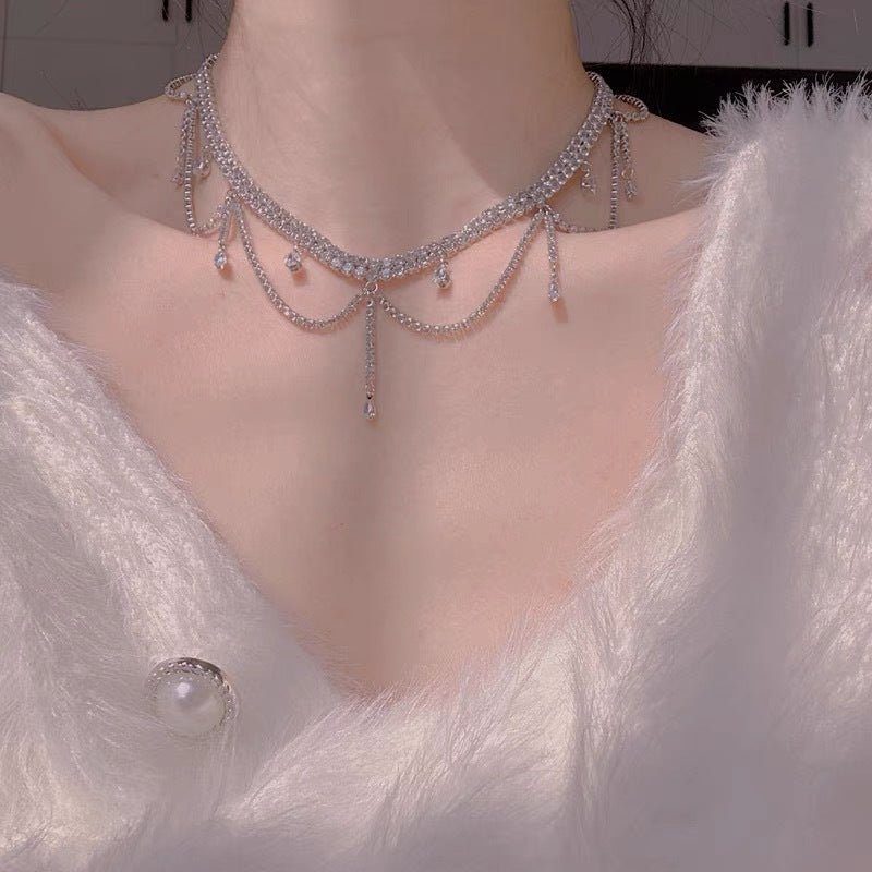 Super flash full diamond crystal tassel necklace - Negative Apparel