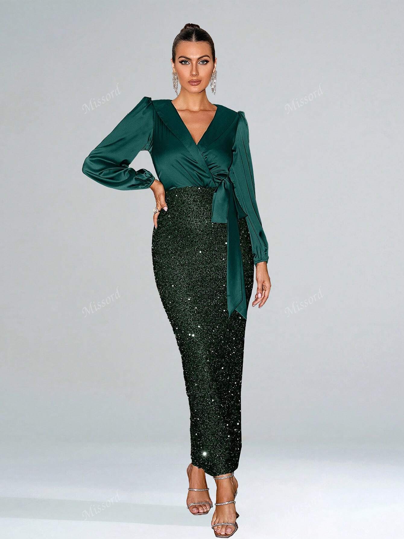 Surplice Neck Knot Side Split Back Sequin Dress - Negative A Negative Apparel Surplice Neck Knot Side Split Back Sequin Dress - Negative A Negative Apparel