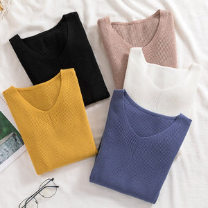 Sweater women's 2022 autumn new slim - fitting long - sleeved pullover tight V - neck thin top knitted bottoming shirt wholesale - Negative Apparel