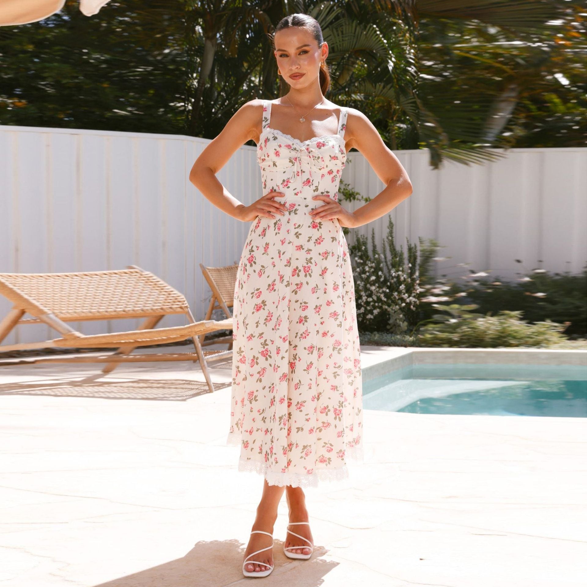 Sweet French lace stitching sexy suspender dress V - neck slim A - line short dress - Negative Apparel