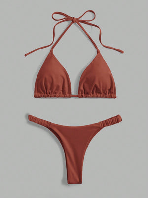 Swim Summer Beach Solid Bikini Set Halter Triangle Bra & Thong 2 Piece Bathing Suit - Negative Apparel