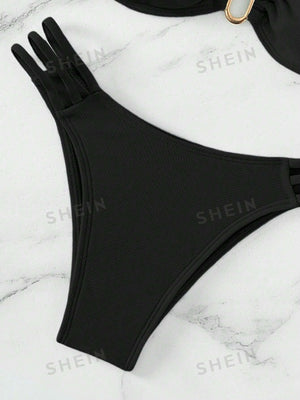 Swim Summer Beach Solid Color Bikini Set With Metal U - Shaped Buckle Decoration And Hollow Out Details Carnival - Negative Apparel