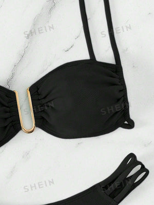 Swim Summer Beach Solid Color Bikini Set With Metal U - Shaped Buckle Decoration And Hollow Out Details Carnival - Negative Apparel