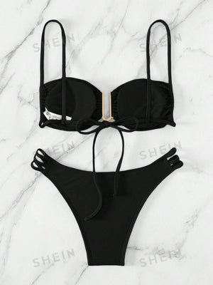Swim Summer Beach Solid Color Bikini Set With Metal U - Shaped Buckle Decoration And Hollow Out Details Carnival - Negative Apparel