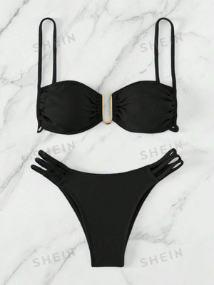Swim Summer Beach Solid Color Bikini Set With Metal U - Shaped Buckle Decoration And Hollow Out Details Carnival - Negative Apparel