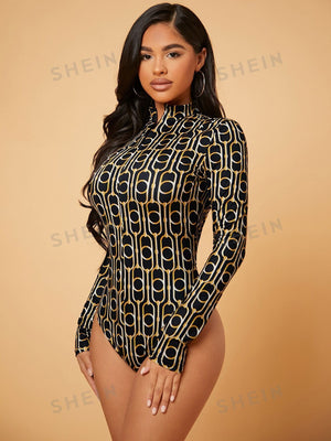 SXY Chain Print Zip Front Long Sleeve Bodysuit - Negative Apparel