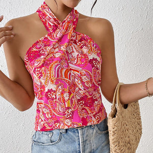 Sxy color halter shirt summer vacation sleeveless cross - neck top - Negative Apparel