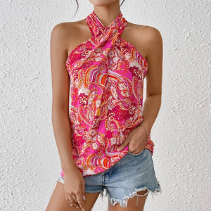 Sxy color halter shirt summer vacation sleeveless cross - neck top - Negative Apparel